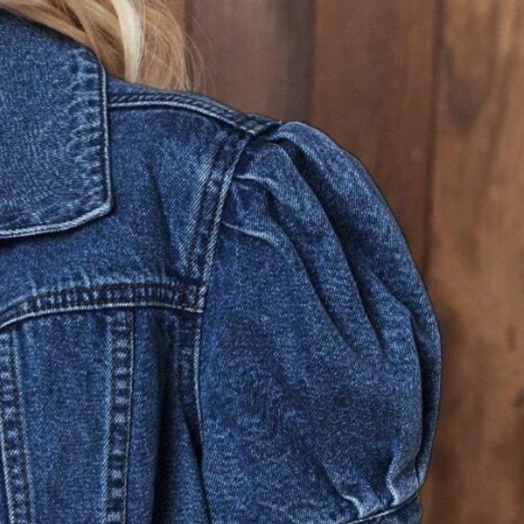 Medium Wash Puff Sleeve Button up Denim Jean Jacket - Picture 3 of 9